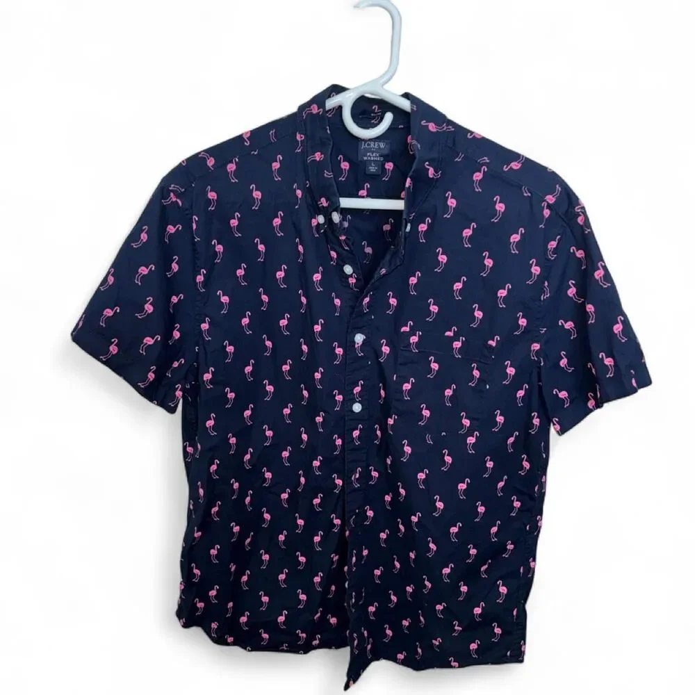 J.Crew Men’s Black Short Sleeve Button-Down Shirt Pink Flamingo Print Slim Fit